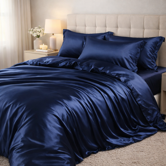 Roupa de Cama Queen Em Seda Natural Mix Azul Marinho | Mulberry Luxo