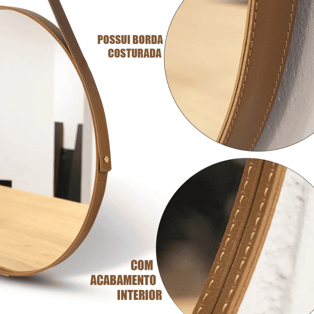 Espelho Redondo Adnet Couro Com Alça + Suporte 60cm
