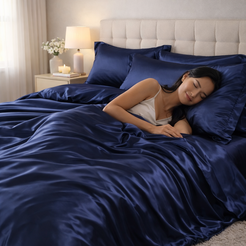 Roupa de Cama Casal Em Seda Natural Mix Azul Marinho | Mulberry Luxo