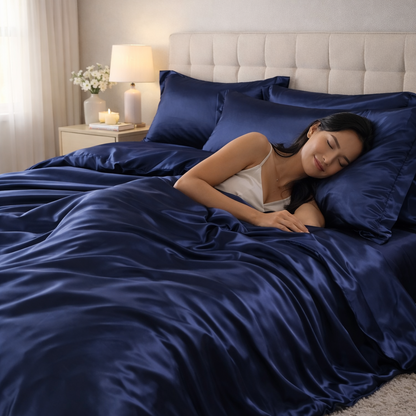 Roupa de Cama Queen Em Seda Natural Mix Azul Marinho | Mulberry Luxo