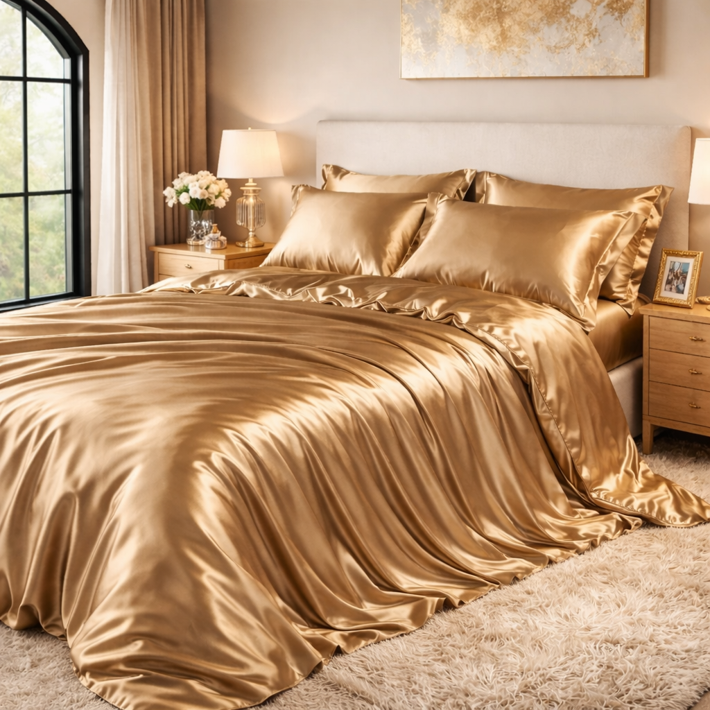 Roupa de Cama Queen Em Seda Natural Mix Champagne Gold | Mulberry Luxo