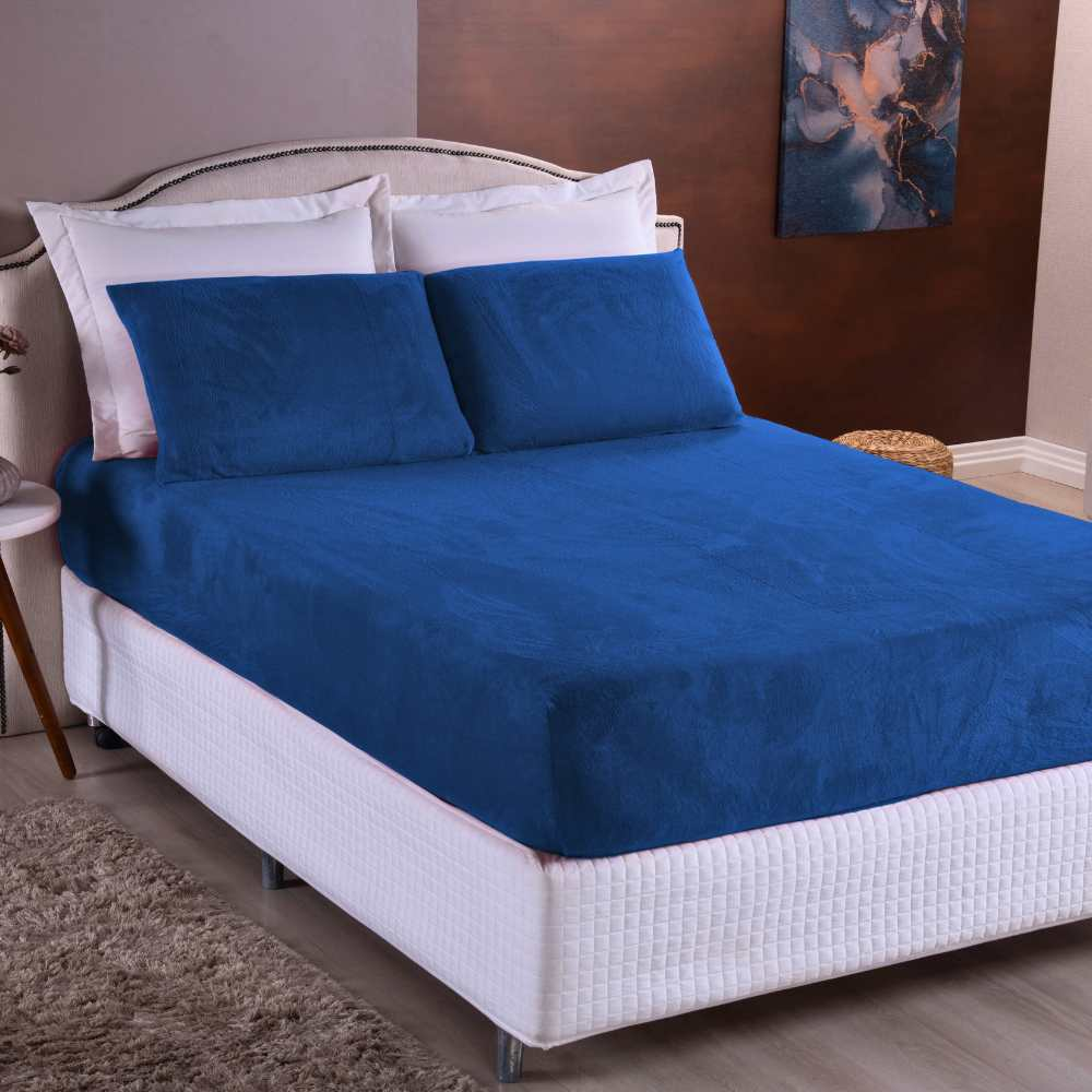 Kit Lençol Queen de Plush Elástico 3 Peças