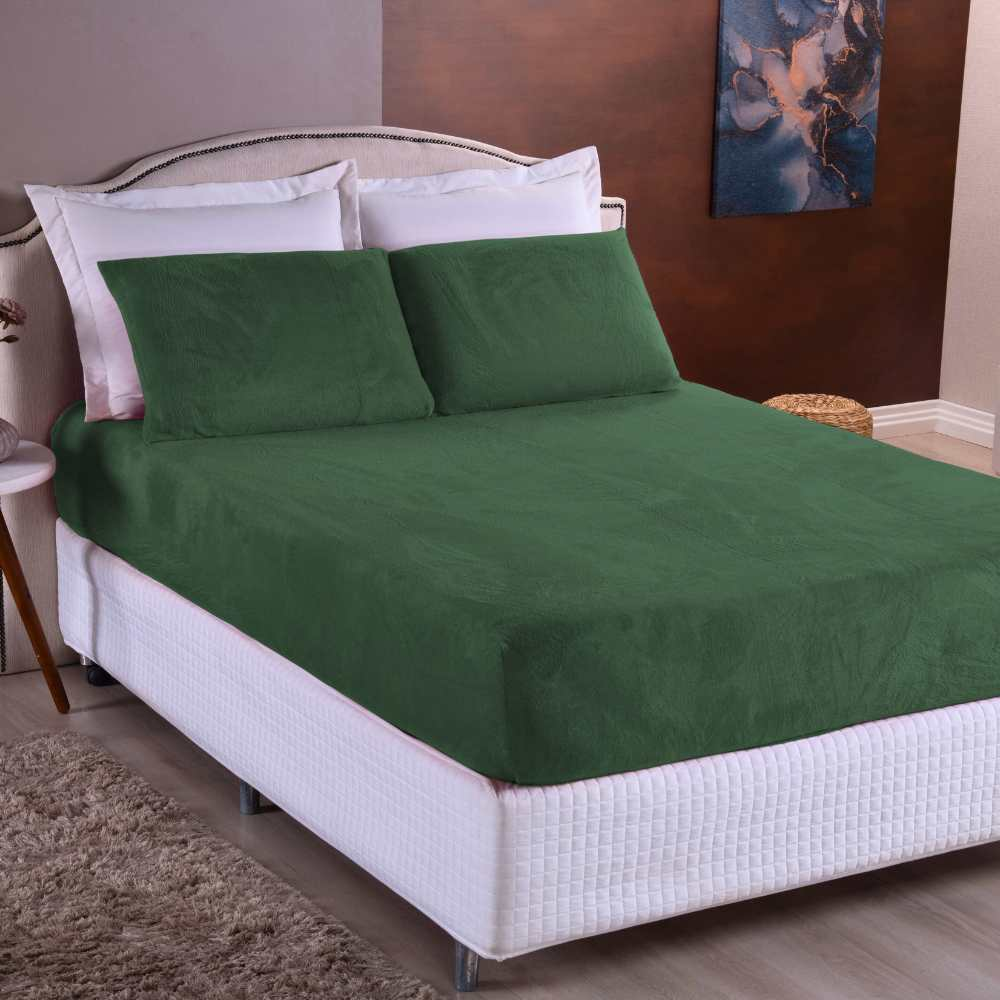 Kit Lençol Queen de Plush Elástico 3 Peças