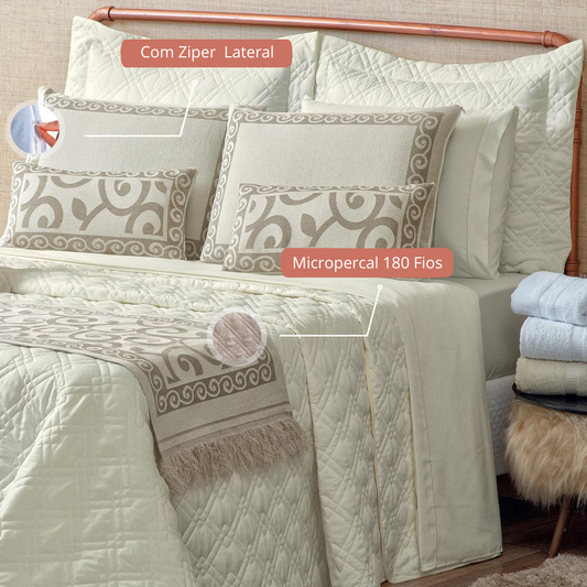 Kit Colcha Cobre Leito Queen Turin 10 Peças Completo Premium Marfim
