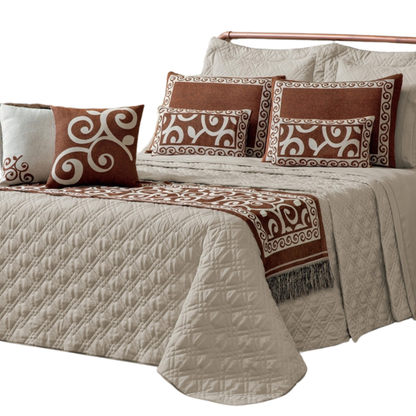 Kit Colcha Cobre Leito Queen Turin 10 Peças Completo Premium Caqui