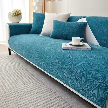 Capa de Sofá Chenille Jacquard Azul Antiderrapante com Relevo Lenogue