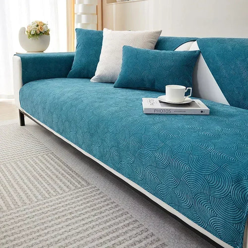Capa de Sofá Chenille Jacquard Azul Antiderrapante com Relevo Lenogue