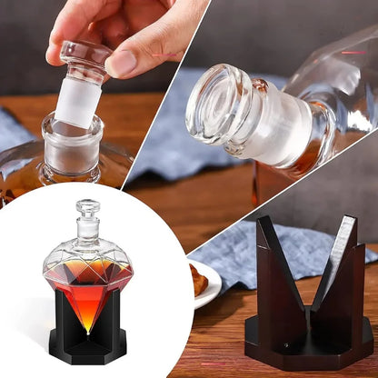 Decanter de Vidro em Formato Diamante com Suporte de Madeira Lenogue