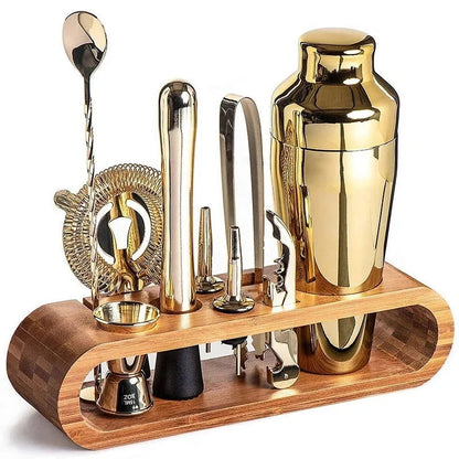 Kit Bartender 10 Peças de Aço Inox com Suporte de Bambu Lenogue