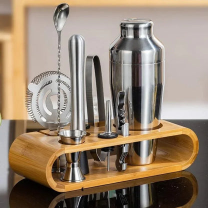 Kit Bartender 10 Peças de Aço Inox com Suporte de Bambu Lenogue