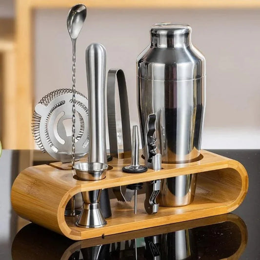 Kit Bartender 10 Peças de Aço Inox com Suporte de Bambu Lenogue