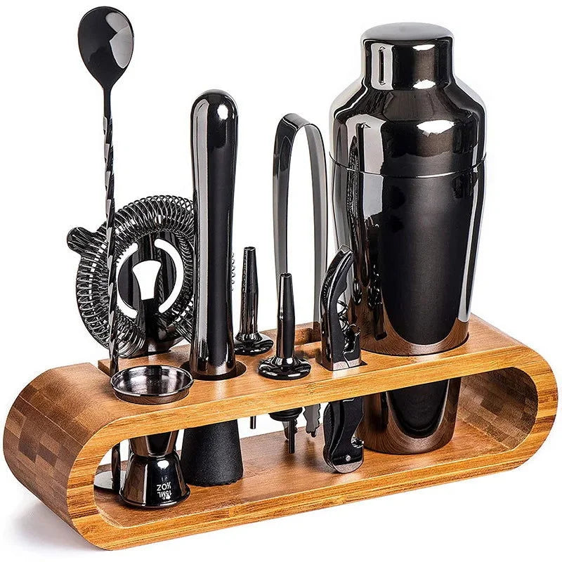 Kit Bartender 10 Peças de Aço Inox com Suporte de Bambu Lenogue